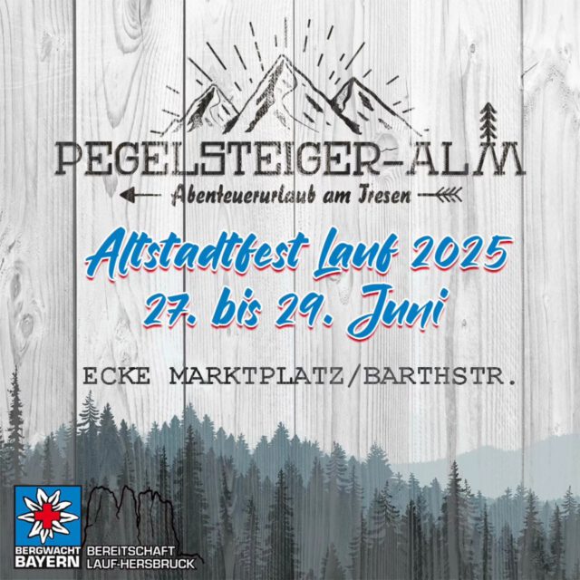 @ Altstadtfest Lauf 2025
Die Pegelsteigeralm ist auch 2025 wieder am Start!
Kommt vorbei und macht mit uns Abenteuerurlaub am
Tresen🎉
 🍻🍹🍷
Wir bieten euch frische DRINKS, kühle SHOTS
erstklassige MUSIK und coole SPECIALS!
🍻🍹🍷
Bei uns steigt die beste Party mit einem Hit-Mix der
letzten Jahrzehnte, Apres-Ski, Electro und Rock 🎶

WANN? 
27.06.2025 18:00-23:30 Uhr
28.06.2025 14:00-23:30 Uhr
29.06.2025 11:00-22:00 Uhr